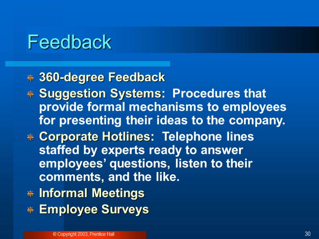 © Copyright 2003, Prentice Hall 30 Feedback 360-degree Feedback Suggestion Systems: Procedures that provide